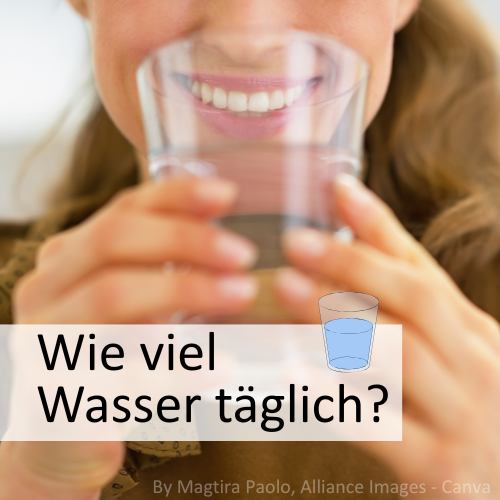 Eine Frau trinkt lächelnd aus einem Glas Wasser. Darunter steht "Wie viel Wasser täglich?"